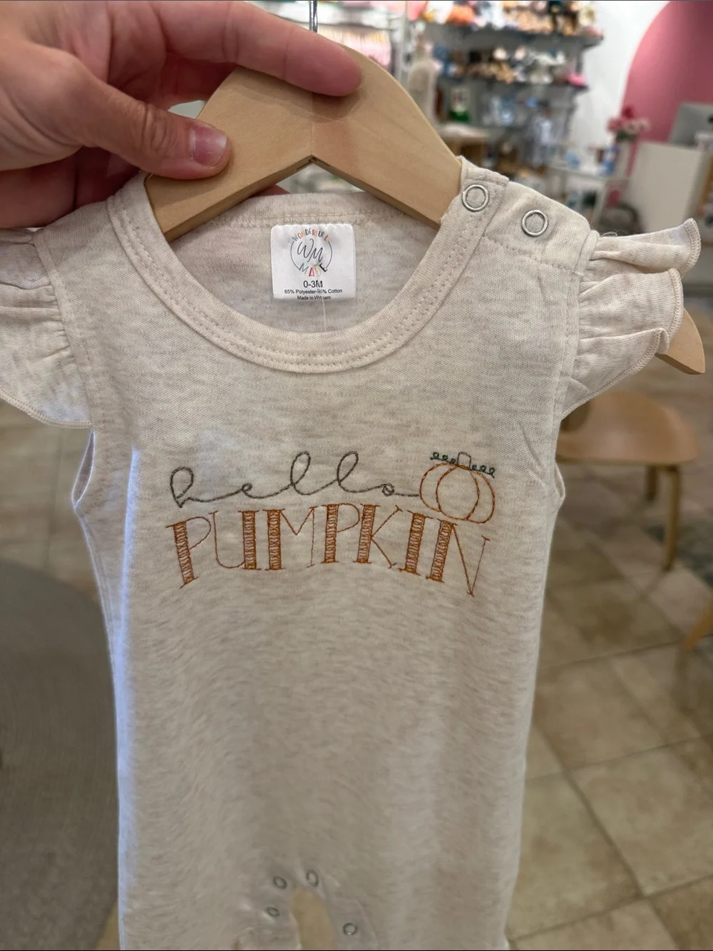 Hello Pumpkin Stitched Cream Ruffle Baby Romper (Size 0-3 Months )